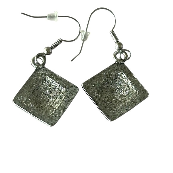 Silver Square Diamond Shape Tribal Style Embossed Design Drop Dangle Earrings - Picture 2 of 4